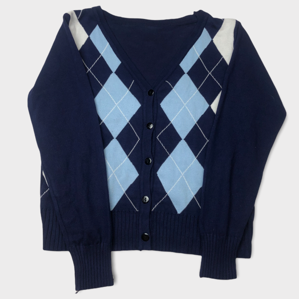 Navy Blue Argyle Button Down Cardigan Women’s Size Medium